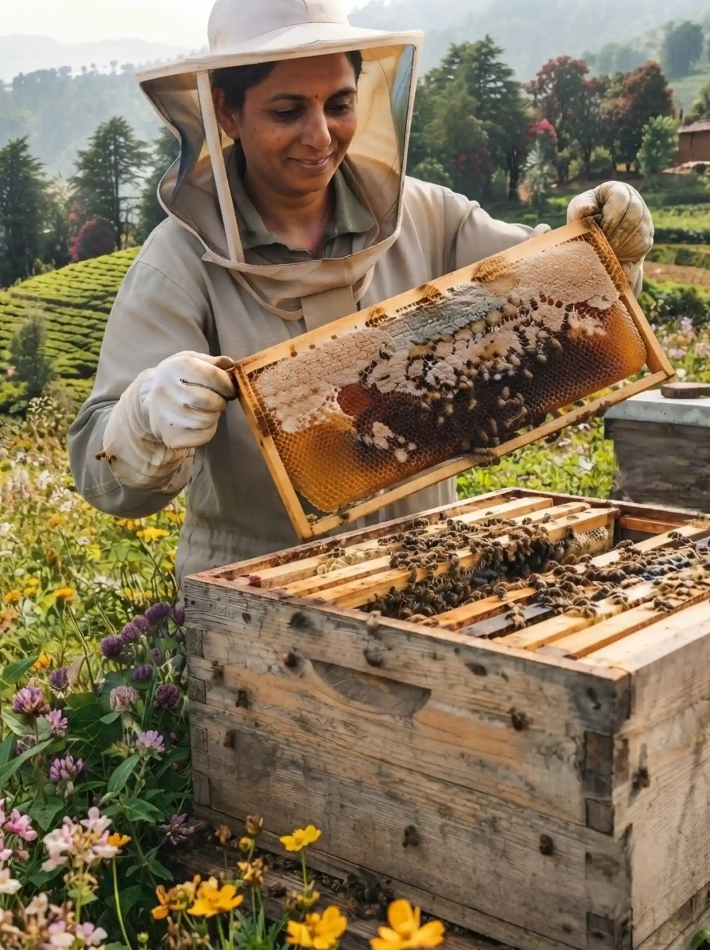 Bee boxes situated in a lush, green natural farming landscape